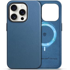SHIELDON Case for iPhone 15 Pro 5G 6.1" 2023, Genuine Leather, Wireless Charging, Magnetic, Slim, Anti-Scratch, Shock-Absorbent Cover with Metal Buttons Compatible with iPhone 15 Pro - Royal Blue