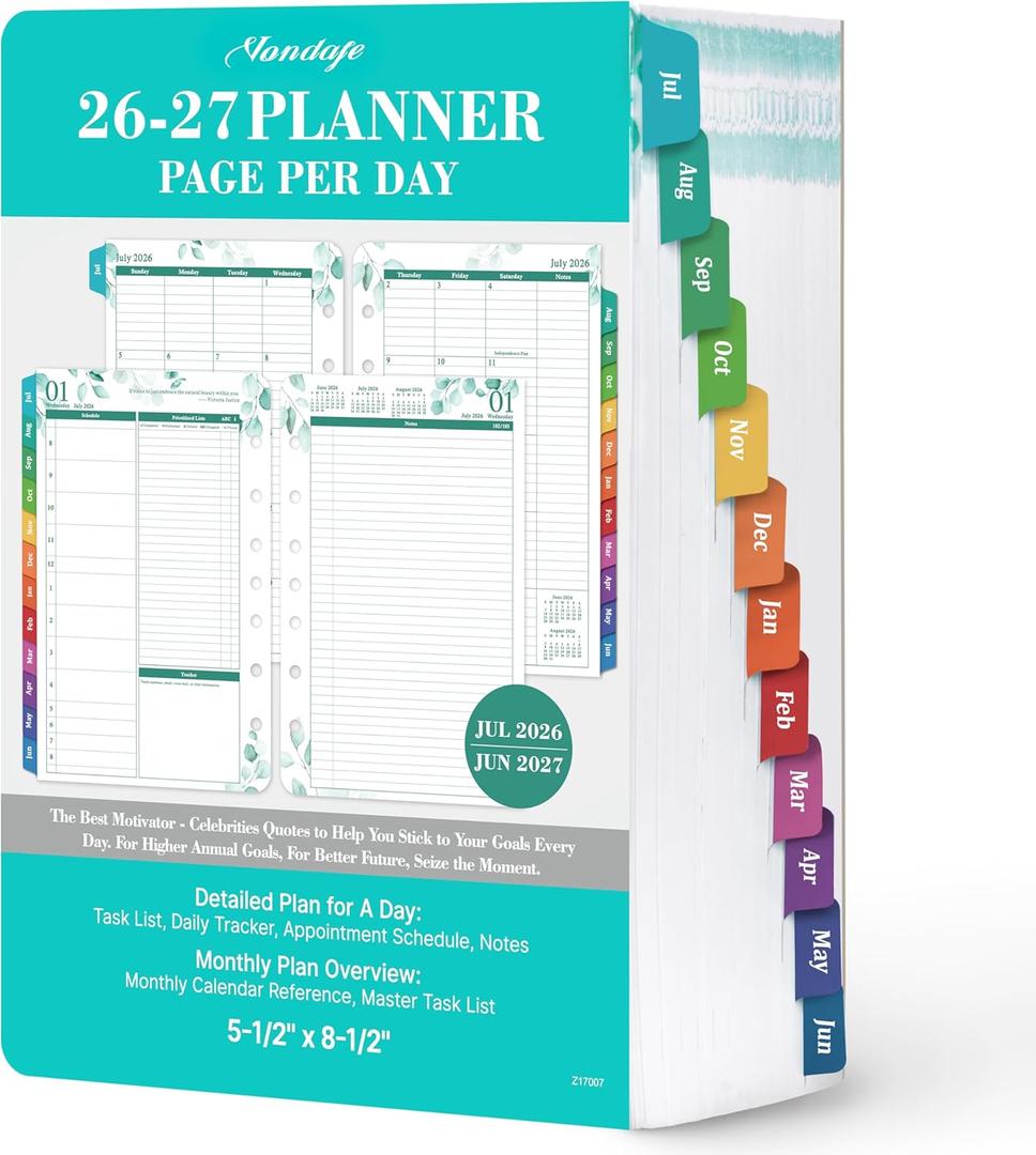 2026-2027 Planner Refills  JUL 2026 - JUN 2027 Planner Refills, Two Pages Per Day, Daily Planner 2026-2027, 5.5" x 8.4" Ring-Bound Organizer, Daily Tracker & Schedule, Coloful Tabs