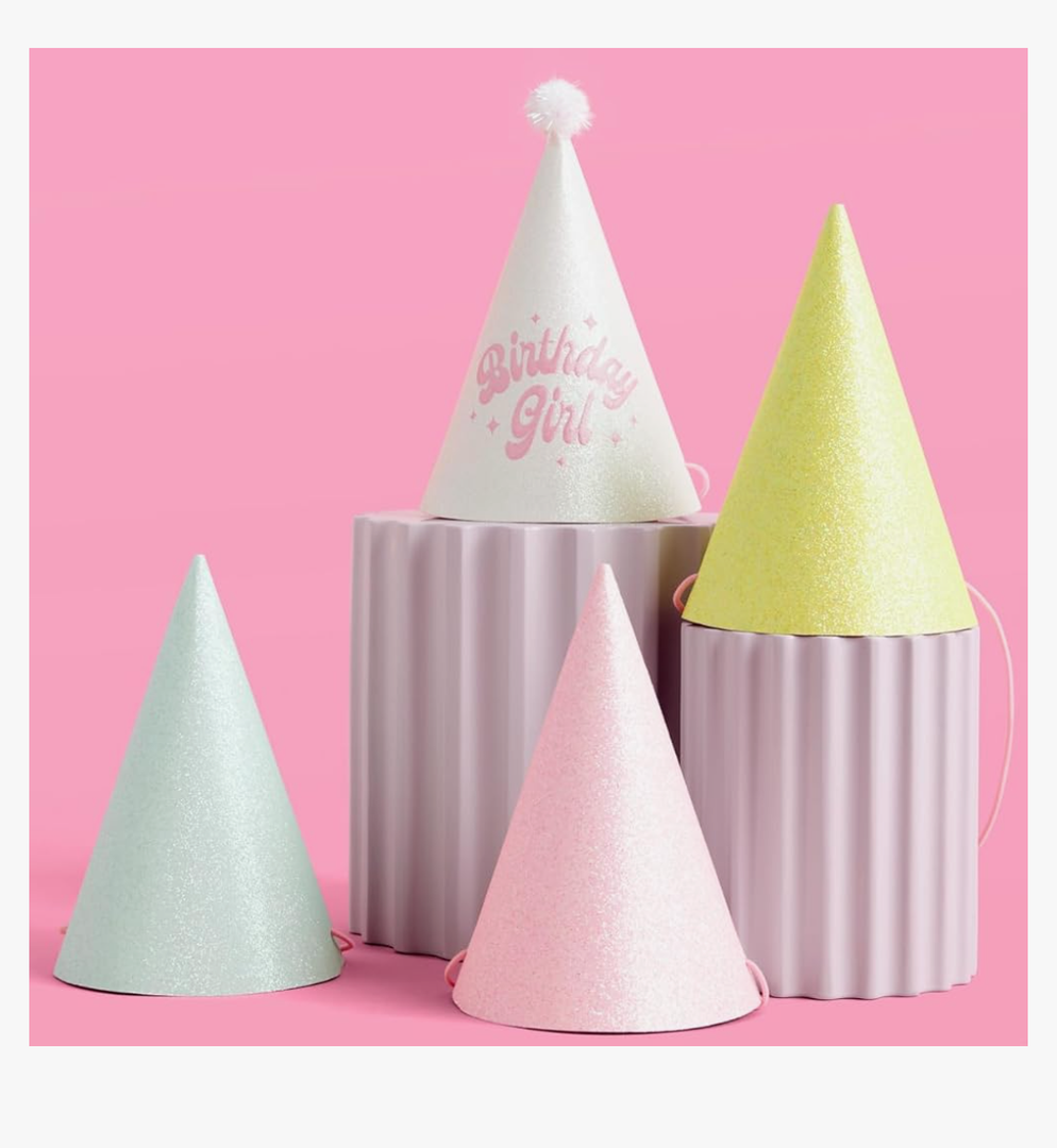 xo, Fetti Birthday Party Hats - Fits Adult + Child - Pastel Rainbow Bday Party, Glitter Birthday Girl, Magical, Paper Party Crowns