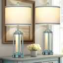 Table Lamp for Living Room, Vintage Rustic Industrial Farmhouse Lamps with USB A+C Charging Ports & AC Outlet, Beside Nightstand Metal Lamp with LED Night Light & Fabric Shade for Bedrooms (Turquoise)