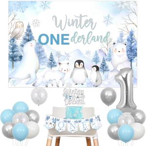 Winter Onederland 1st Birthday Decorations, Arctic Polar Animals Blue Silver Balloon with Backdrop Cake Topper One High Chair Banner Number 1 Foil Balloon for Boys Girls 1st Birthday Party