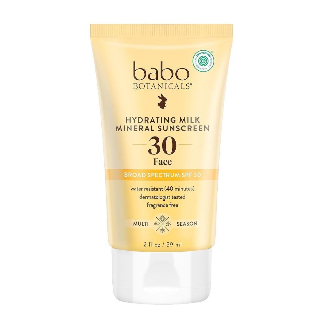 Babo Botanicals Hydrating Milk Mineral Sunscreen SPF 30 with Dewy Finish Lightweight Zinc Oxide Daily Face Sunscreen for Sensitive Skin EWG Verified Broad Spectrum UVA/UVB Protection