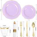 Liacere 175PCS Purple Plastic Plates-Disposable Lavender Plates 25guest Baroque Plastic Dinnerware include 50Plates, 25Pack Pre Rolled Napkins with Silverware 25Cups for Party & Wedding &Mothers Day