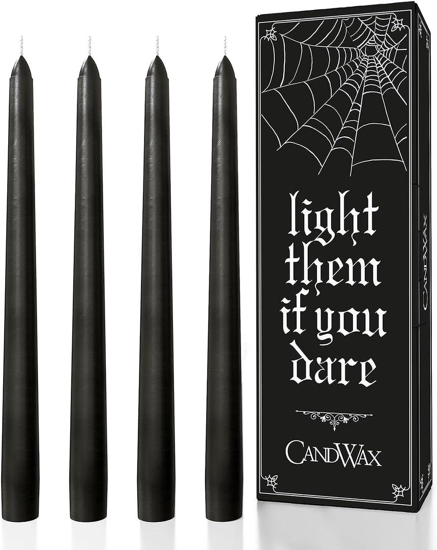 CANDWAX 10 inch Taper Black Candles Set of 4  Dripless Tall Unscented Black Tapered Candle Sticks  Perfect for Household Decor, Dinner Centerpiece or Halloween Dcor