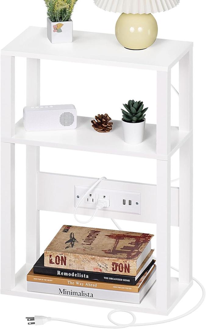 YUFAM 3-Tier Small Narrow Wood Side Table with Charging Station, Skinny Nightstand for Small Space, Slim Bedside Table with Storage for Couch, Thin End Table with USB Ports and Outlets, White
