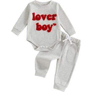Douhoow Baby Valentines Day Outfit Infant Boy Girl My 1st Valentine's Embroidered Waffle Baby Sweatshirt Romper Pants Set (Gray)