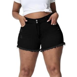 Gocolloa Women Plus Size Jean Shorts Sexy Stretchy High Waisted Frayed Raw Hem Denim Shorts 18W
