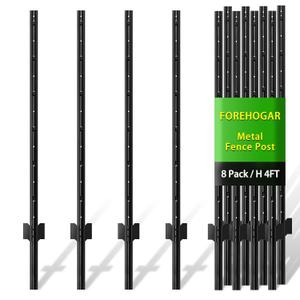FOREHOGAR Metal Fence Post 4 Feet Black, Pack of 8, T Post for Wire Fence, No Dig Steel U Posts Fencing for Lawn Garden Wire Mesh Fences Poles Sign Outdoor Light Duty