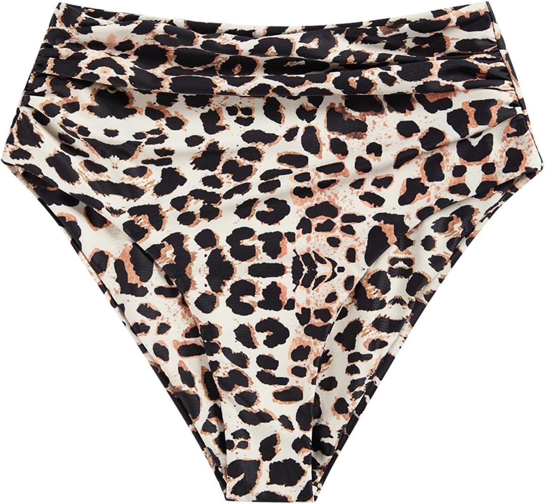 ZAFUL Women High Waisted Bikini Bottoms Ruched Swimsuit Bottom Tummy Control Bathing Suit Bottoms (Large, Leopard)
