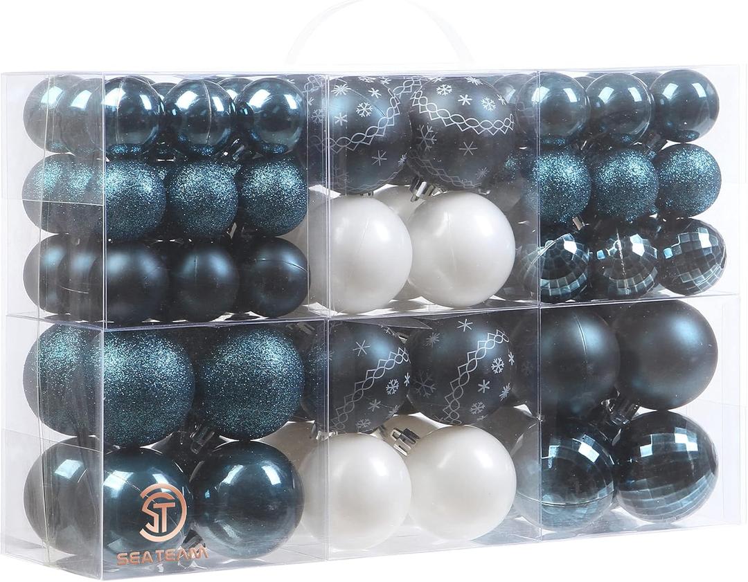 Sea Team 86 Pieces of Assorted Christmas Ball Ornaments Shatterproof Seasonal Decorative Hanging Baubles Set with Reusable Hand-held Gift Package for Holiday Xmas Tree Decorations, Stone Blue