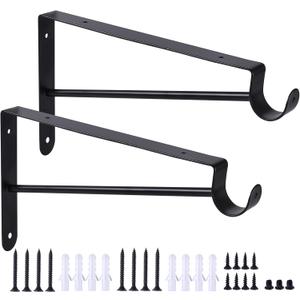 Closet Rod Bracket Heavy Duty, Wall Mounted Closet Shelf Brackets, Metal Closet Shelf Brackets with Rod Support, Black,2 Pack