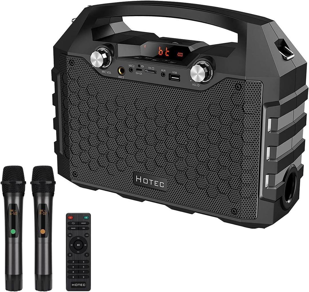Hotec Wireless Bluetooth Portable PA Speaker System, Powerful Bluetooth Karaoke Machine with Dual Wireless Microphones for Karaoke, Wedding, Party, Teaching, Lecture, Church, Outdoor Indoor Activities