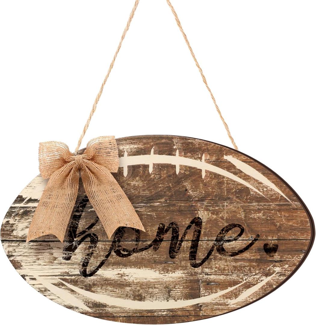 Yousoontic Football Sign Front Door Decor Wooden Vintage Football Hanging Decor Rustic Wall Art with Bow Knot Farmhouse Wall Art for Man Cave Bedroom Living Room