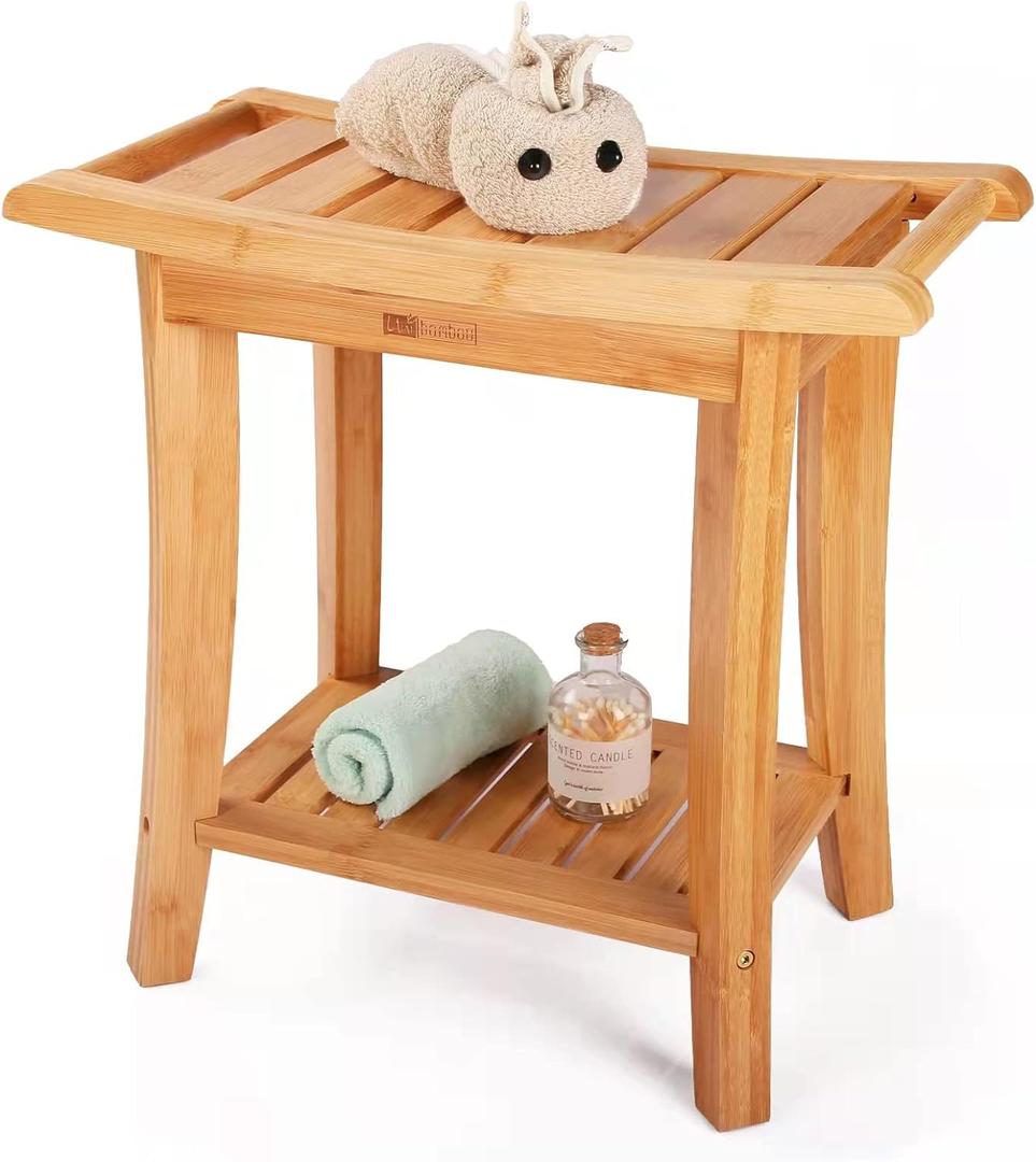 Unibambou Bamboo Shower Bench with Storage Shelf, Wooden Spa Bath Deluxe Organizer Shower Stool for Inside Shower, Bathroom Bench Seat for Adults Elderly Seniors for Indoor or Outdoor Use