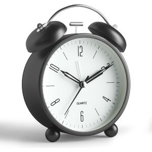 Twin Bell Loud Alarm Analog Alarm Clock, 4 inch Super Silent Non Ticking Small Clock with Night Light, Battery Operated, Simple Design, Old Fashioned, for Heavy Sleeper, Bedroom, Bedside, Desk, Black