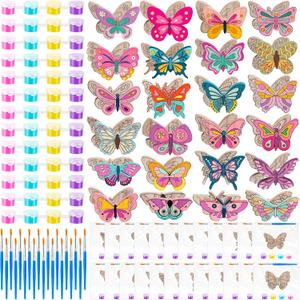 JellyArch 24 Sets 3D Wooden Butterfly DIY Painting Craft Kit Unfinished Butterfly Blank Wood Paint Craft with Brushes Acrylic Paints Bags for Kids Adults Toys Party Favor