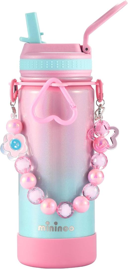 Mininoo Kids Water Bottle for School - 16 oz Stainless Steel Insulated Water Bottle with Ceramic-Lined, Leakproof Straw Lid & Beaded Handle for Girls & Boys
