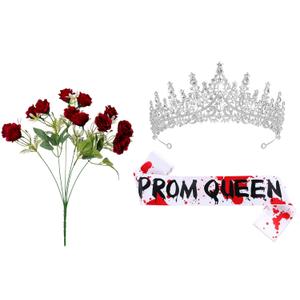 Lyrow 3 Pcs Halloween Prom Queen Crowns and Sashes Set Bloody Prom Costume Tiara Sashes Rosette Set Halloween Spooky Queen Cosplay for Party