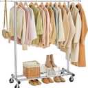 SONGMICS Clothes Rack with Wheels, Heavy-Duty Clothing Rack for Hanging Clothes, Portable, 17.7 x (36.2-52) x 63.6 Inches, with Extendable Rail, 220 lb Load Capacity, Silver UHSR13SV1