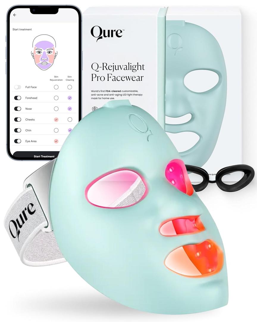 Qure Red Light Therapy for Face  LED Mask with 5 Light Modes for Anti-Aging, Acne, Wrinkles & Dark Spots, 3-Min Wireless Daily Treatments, Smart App Control with Reminders, FDA Cleared (1 Count (Pack of 1))