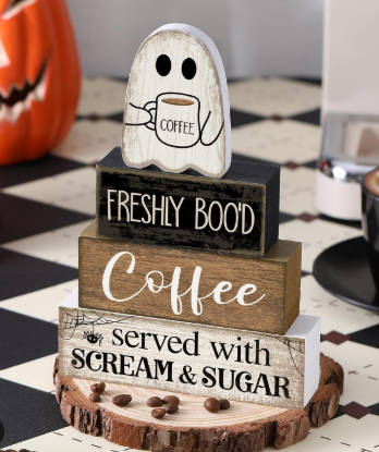 4 Pcs Halloween Table Decorations-Coffee Ghost Wooden Signs Halloween Decorations Tiered Tray Decor Centerpiece Sign for Farmhouse Ghost Tabletop Coffee Bar for Home Office Kitchen Shelf Party (one size, black)