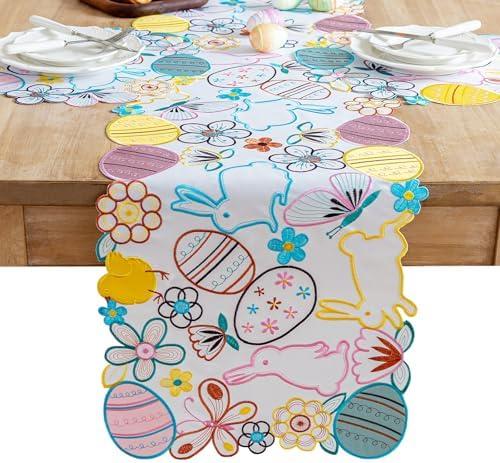 Pack of 2 Easter Decorations Indoor Table Runner - Egg Bunny Embroidered Decor Spring/ Holiday Party Supplies