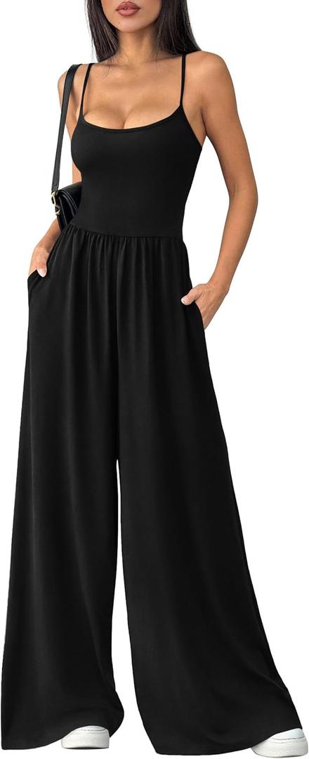 PRETTYGARDEN Jumpsuits for Women Summer 2026 Sleeveless Wide Leg Date Night Rompers Beach Vacation Cruise One Piece Outfits (Black, XL)