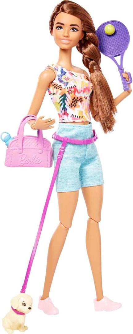 Barbie Doll, Kids Toys, Brunette Doll with Pet Puppy, Barbie Sets, Workout Theme with Accessories, Self-Care Series, Roller Skates and Tennis