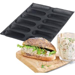 Silicone Perforated Bread Mold for Baking, 12 Individual Oblong Baking Forms, Hot Dog Bun Mold, Silicone Molds for Making Crispy Bread Rolls, Eclairs and Milk Breads