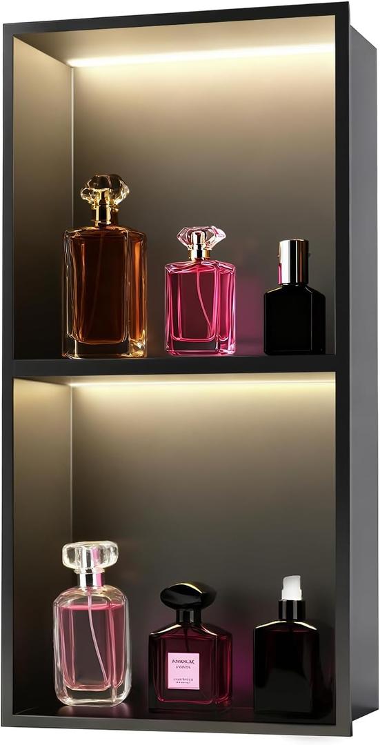 Shower Niche, 24" X 12" Niche for Shower Wall, Bathroom Niches with Waterproof LED Lights, Stainless Steel Recessed Wall Niches No Tile Needed & 2-Tiers, Matte Black