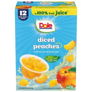 Dole Diced Peaches in 100% Juice - Dole Fruit Bowls Snacks - 4 oz Fruit Bowls - 12 Pack (BBD Sep 10 2026)