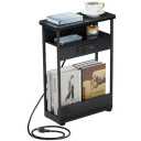 GGWEW Narrow Side Table with Charging Station, 3 Tier Slim End Table for Small Spaces, 23.6 Inch Height Thin Tables with Storage Shelf and Magazine Rack for Living Room, Black