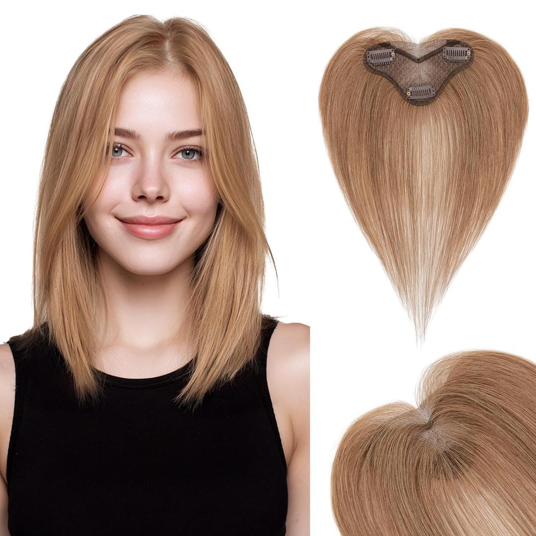 Hairro Human Hair Toppers For Women Wispy Thin Short Wiglet Hairpieces Natural No Bang Middle Part Side Bangs Hair Clip 11 Inches 14.5g #06 Light Brown