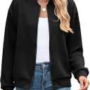 Schine Women's Lightweight Textured Bomber Jacket Casual Loose Fit Zip Up Crew Neck Long Sleeve Soft Outerwear for Daily Wear (Black) Medium