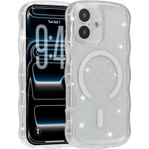 Curly Wave Glitter Magnetic Phone Case for iPhone 16 Plus,Cute Wavy Design Shiny Sparkle Shimmer Protective Phone Cover for Women Girl,Compatible with MagSafe,Glitter/Clear