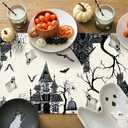 Artscope Black White Spooky Haunted House Tree Ghost Halloween Table Runner, Halloween Holiday Kitchen Dining Table Decoration for Fall Home Decor 13x48 Inch