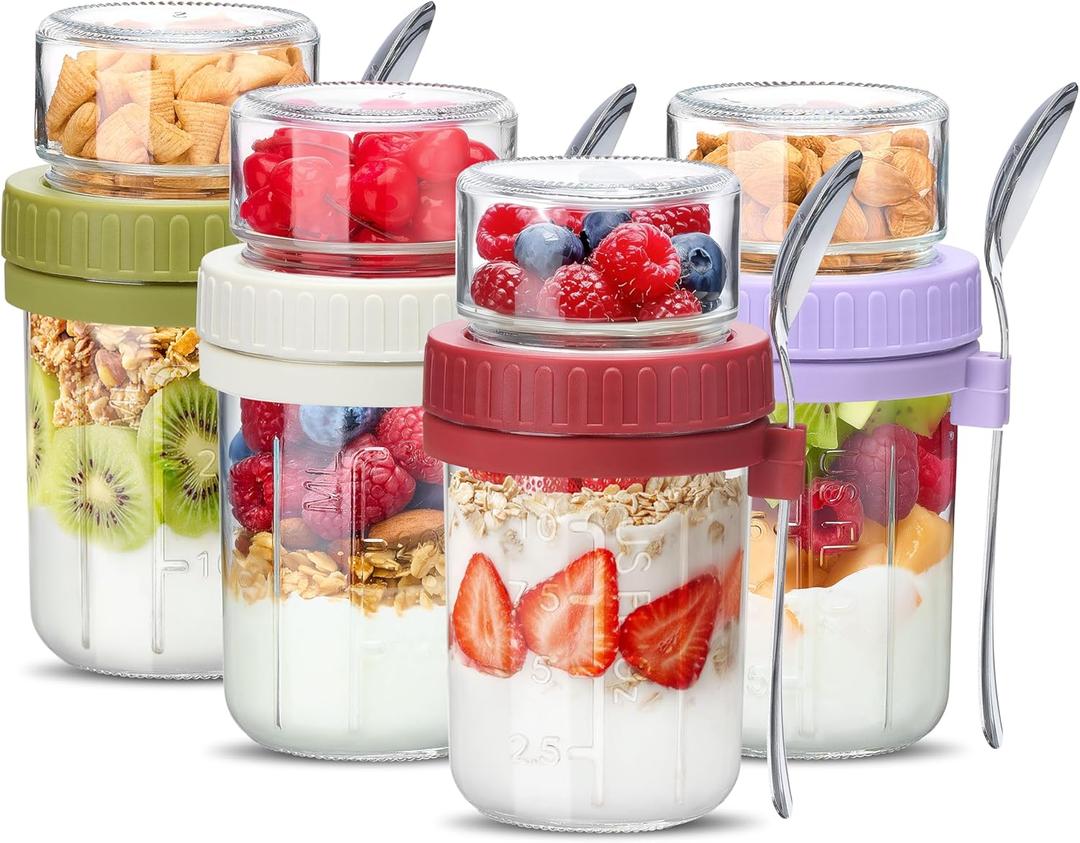 Danmu 4 Pack Overnight Oats Containers with Lids 21 oz (16+5),Dual-Layer Yogurt Parfait Cups with Lids,Meal Prep Containers Glass for Snack,Overnight Oats,Yogurt,Parfait,Salad Dishwasher Safe