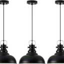 Industrial Pendant Light Fixture, Farmhouse Decor Adjustable Metal Hanging Lamp, Vintage Pendant Lighting for Kitchen Restaurant Dining Room Cafe, E26 Base Black (Black, 3 Pack)