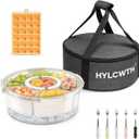 Divided Serving Tray with Lid and Handle, Rounded Snackle Box with 6 Compartments and Chill Base for Fruits, Candy, Veggie, Travel Snack Container with Portable Insulated Bag & Ice Cube Tray & 5 Forks