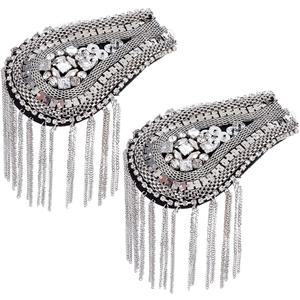 2Pcs Silver Tassel Shoulder Epaulettes Rhinestone Beaded Costume Shoulder Epaulet Pads Fringe Crystal Chain Punk Applique Blazer Badge Jewelry Brooch Pin for Men Women Jackets Accessories