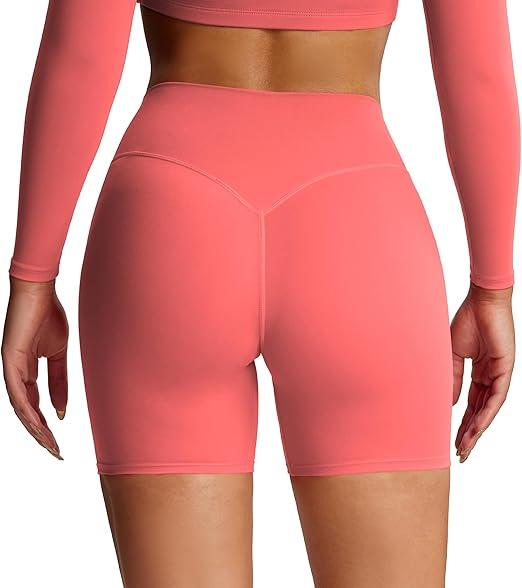 Aoxjox Metamorph Workout Biker Shorts for Women Tummy Control High Waisted Athletic Gym Running Deep V Yoga Short 6", XX-Small, Color: Spiced Coral