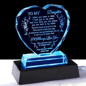 YWHL Crystal Daughter Gifts from Mom Dad, Laser Engraving Birthday Present for Daughter Adult, Heart Shaped Glass Keepsake for Mother's Day Christmas Graduation