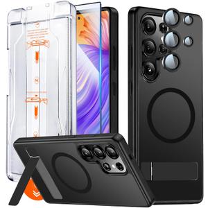 Strong Magnetic for Samsung Galaxy S24 Ultra Case with Screen Protector + Lens Protector, Fit for MagSafe,Mil-Grade Drop Protection, Seamless Stand, Translucent Black