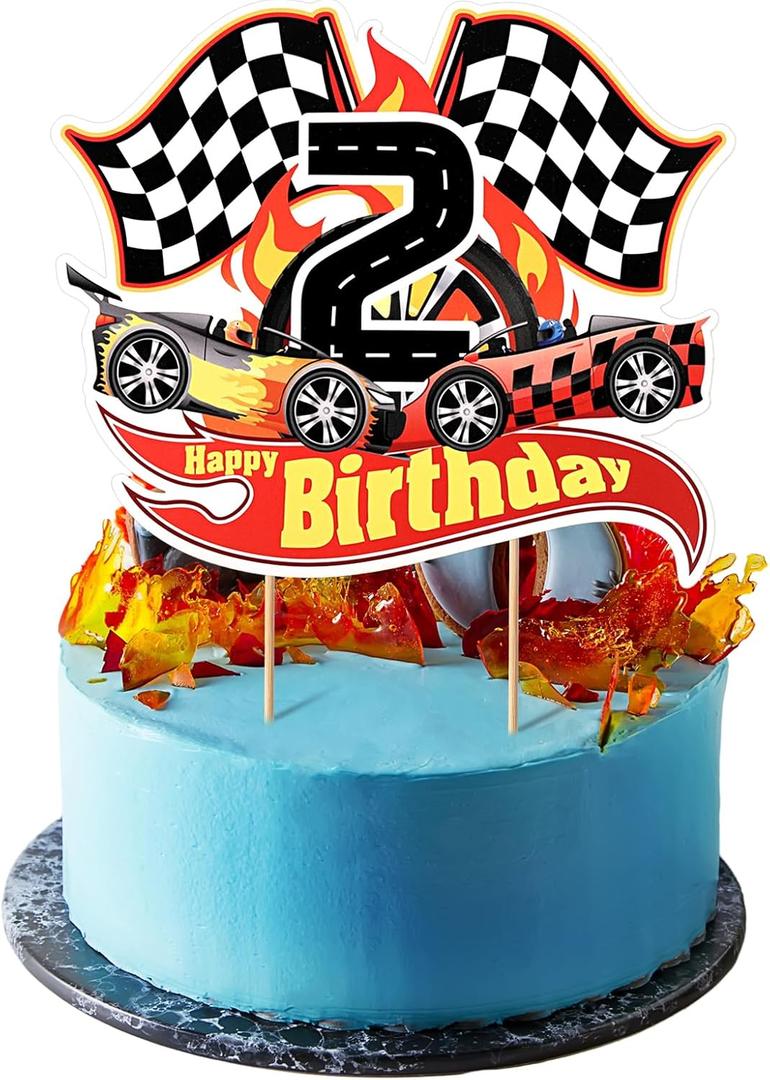 Maitys Race Car 2nd Birthday Cake Topper Race Car Theme Birthday Party Supplies Checkered Flag Cupcake Decorations Photo Props for Five Years Old