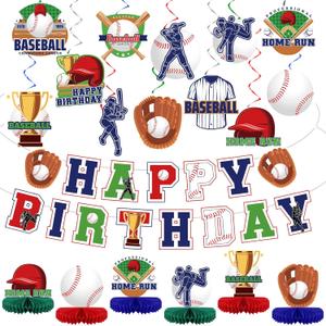 2 x 44 Pcs Baseball Party Decorations Happy Birthday Banner Sports Theme Hanging Swirls and Honeycomb Centerpieces Baseball Birthday and Gameday Celebration Decors for Kids Boys Baby Shower Party Supplies