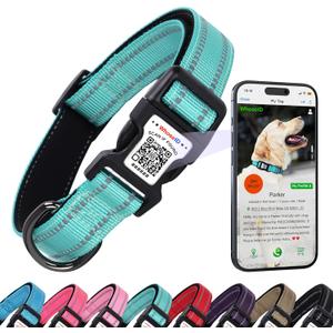 Dog Collar with QR Code, Reflective Pet Collar, Soft Neoprene Padded & Safety Locking Buckle Adjustable Dog Collar for Large Dogs(Teal,L)