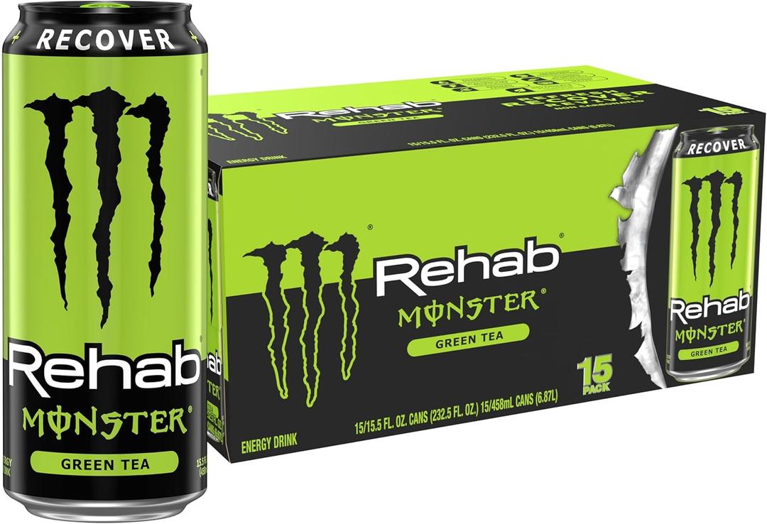 Monster Energy Rehab Green Tea + Energy, Energy Drink 15.5 Ounce | Energy Iced Tea, Pack of 15