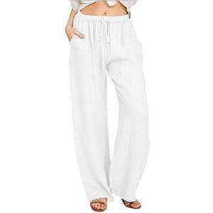 CHARTOU Women's Summer Drawstring Waist Wide Leg Loose Cotton Linen Palazzo Pants, Size: Medium