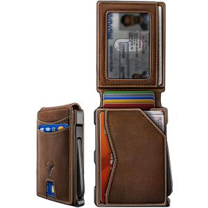 BULLIANT Men Wallet, Metal Wallet Money Clip Magnetic Flip Top Grain Leather 13 Cards Pop-up Access Simplifed Bill Folder (Pecan Pie8405)