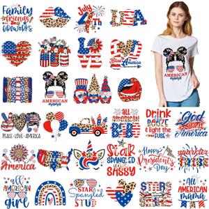 Estune 30 Pcs Patriotic Iron on Transfers 4th of July Iron on Decals Patches Appliques Heat Transfers Vinyl Cute Memorial Day Decals for Clothes Bag Pillow Covers DIY(Leopard Print Style)
